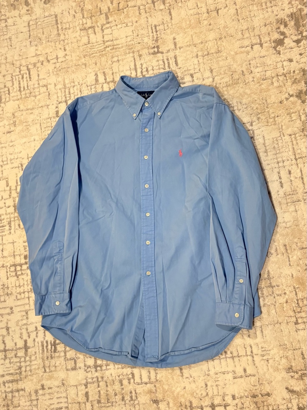 Ralph Lauren Men's Light Blue Button-Down Dress Shirt with Pink Pony